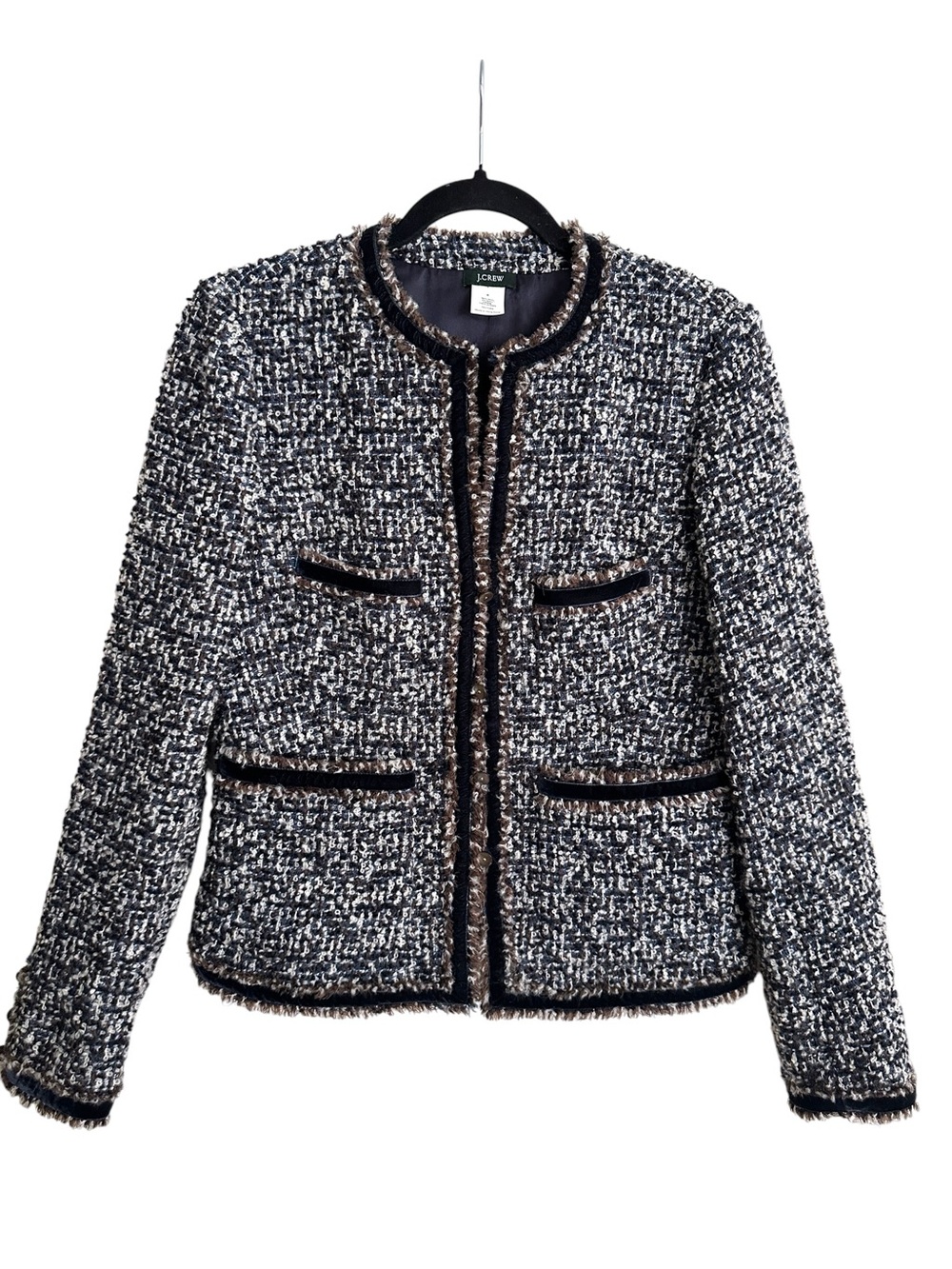 J. CREW Confetti Bouclé Lady Jacket Blazer Size 6 Wool Fringe Blue Velvet Trim